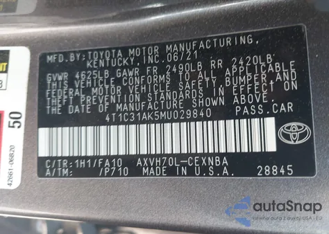 2021 Toyota Camry Le Hybrid из США, поврежденный, VIN 4T1C31AK5MU029840